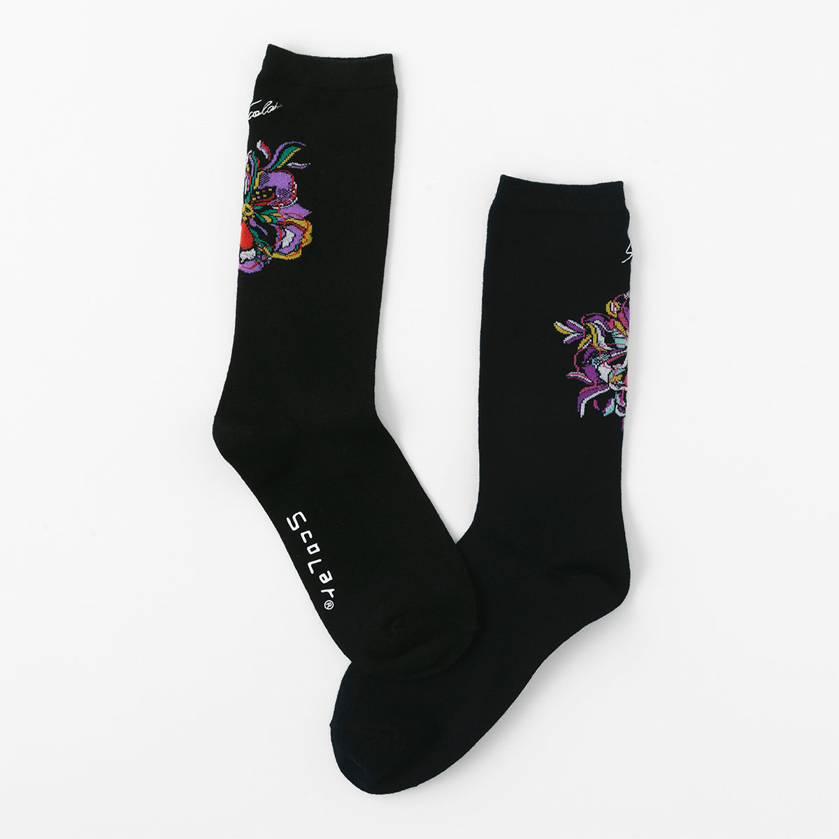 【ScoLar】花柄ロゴ刺繍クルー丈ソックス