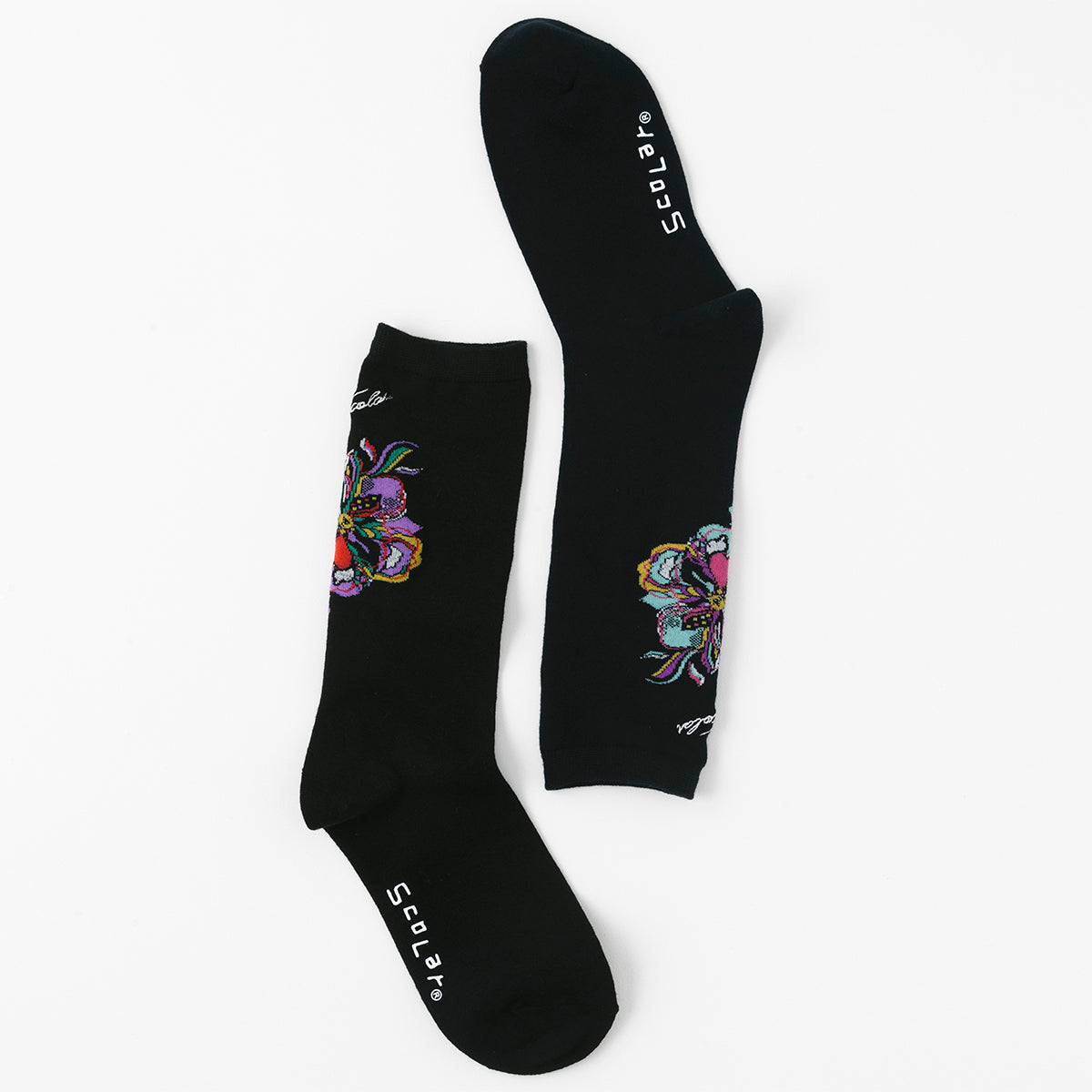 【ScoLar】花柄ロゴ刺繍クルー丈ソックス