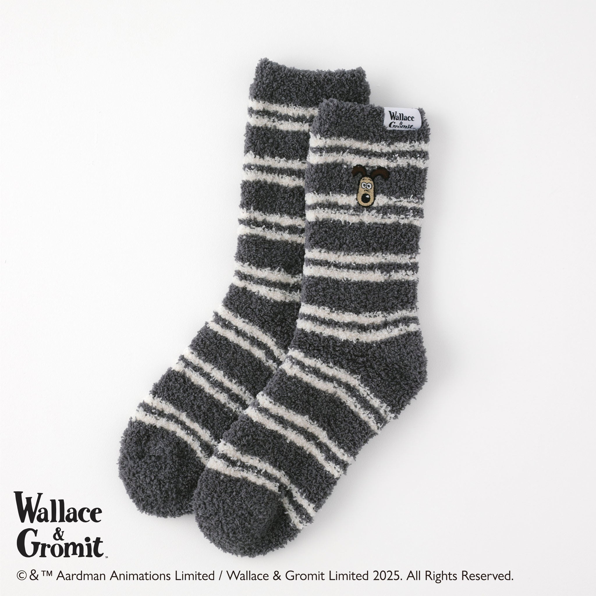 ウォレスとグルミット】細ボーダー刺繍付モールルームソックス