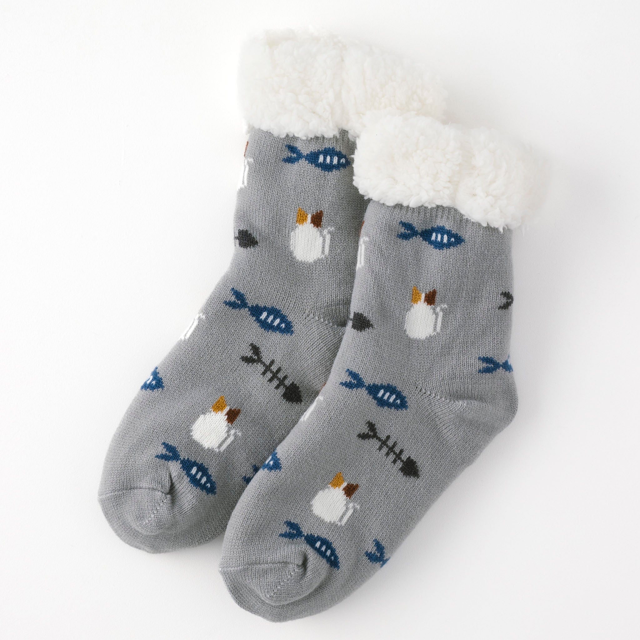 にゃんこ堂】裏ボア猫と魚ルームソックス (BLACK FRIDAY対象商品