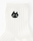 【にゃんこ堂】猫刺繍リブクルー丈ソックス