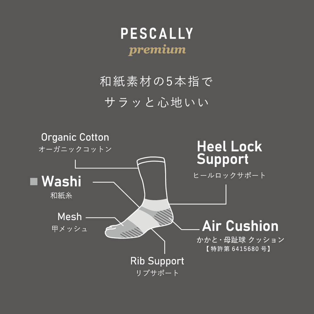 【PESCALLY】和紙5本指ショートソックス 25cm-27cm