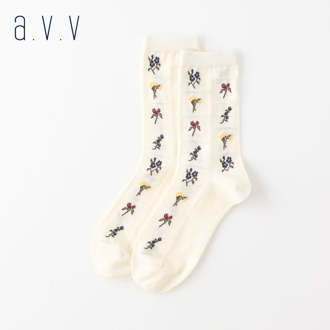 【A.V.V】ブロック花柄クルーソックス