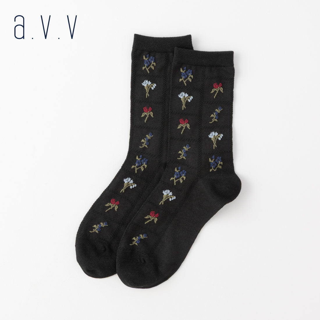 【A.V.V】ブロック花柄クルーソックス