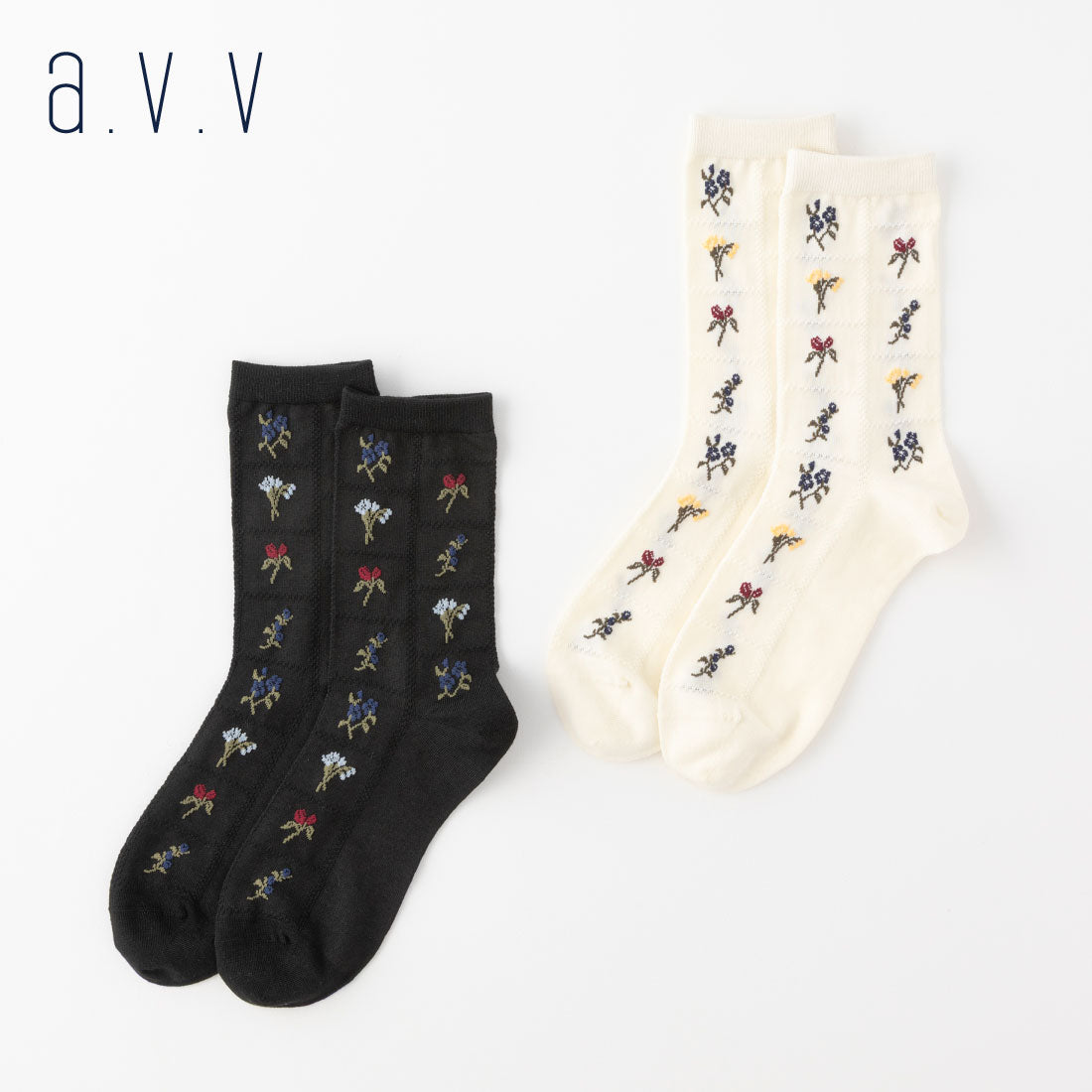 【A.V.V】ブロック花柄クルーソックス