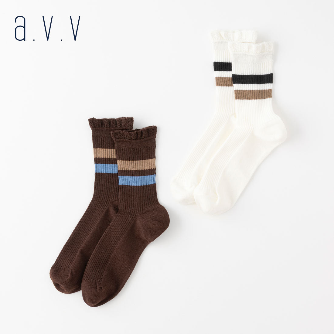 【A.V.V】トップフリルラインクルーソックス